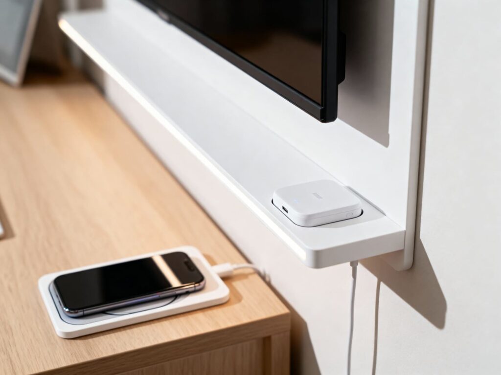 Foto de detalhe focada em um móvel planejado multifuncional em um flat. Um painel de TV branco minimalista se estende para formar uma bancada de home office compacta. Sobre a bancada, um smartphone carrega em um carregador por indução embutido no móvel. O design é limpo e funcional, com uma fita de iluminação LED suave sob a bancada. Foco no detalhe da tecnologia integrada, fotografia de produto, fundo levemente desfocado.
