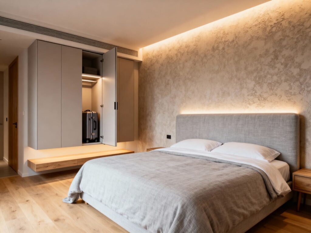 Quarto de casal com móveis planejados, incluindo cabeceira estofada terracota e armário aéreo. Solução de marcenaria para otimizar o quarto em flats e Airbnb.
